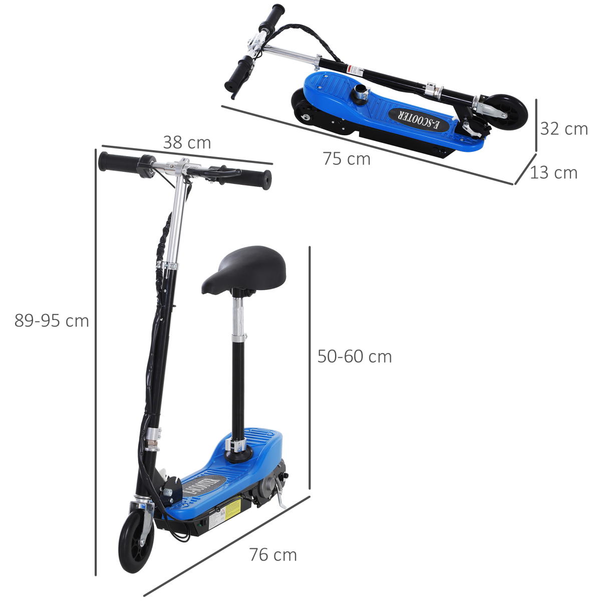 Kids Foldable Electric Powered Scooter 120W Adjustable Height Seat Rear Brake Blue for Ages 7-12