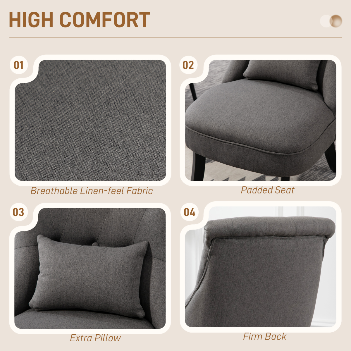 HOMCOM Charcoal Grey Fabric Single Sofa with Pillow, Wood Legs