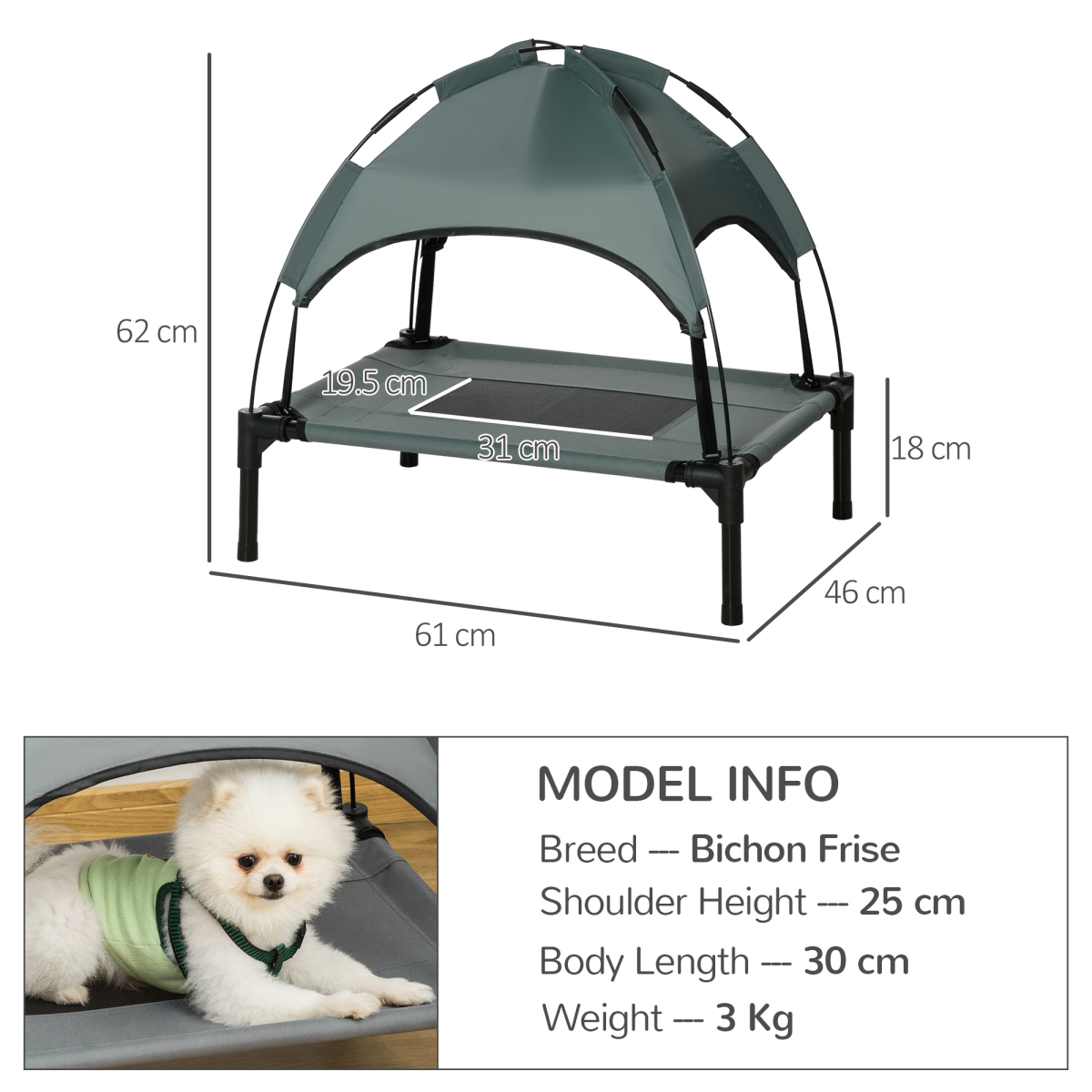61 cm Elevated Dog Bed Raised Pet Cot with Removable Canopy for Outdoor Use