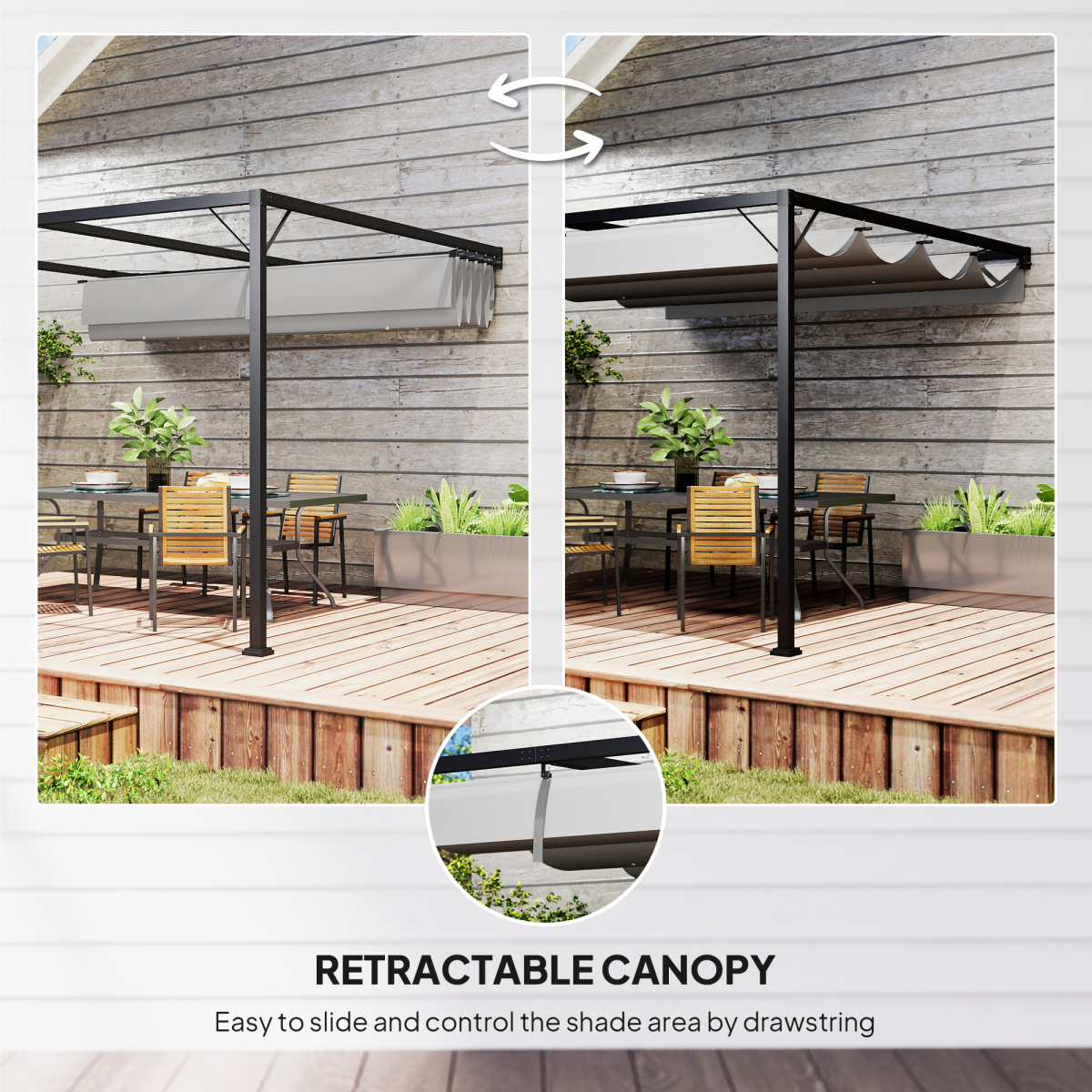 Outsunny 3 x 3m Wall-Mounted Outdoor Pergola with Retractable Canopy, Grey