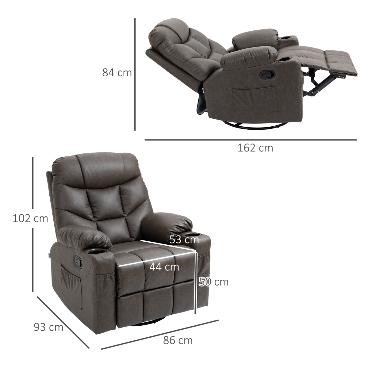 HOMCOM PU Leather Manual Recliner Armchair with Cup Holders, Brown