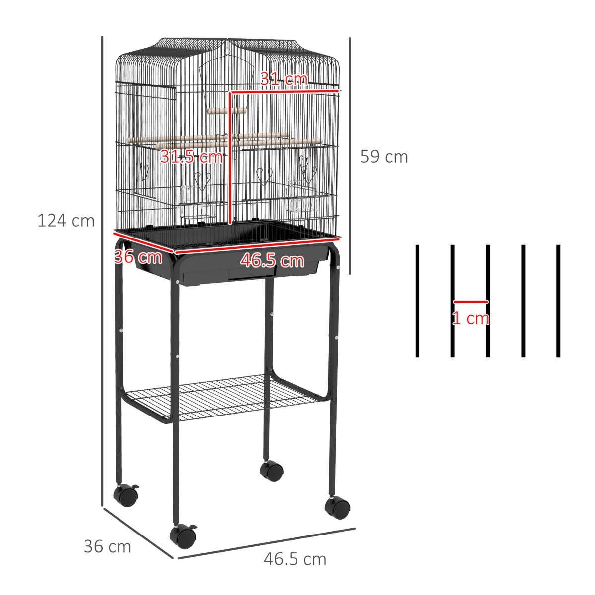 PawHut Bird Cage with Stand, Tray and Wheels for Small Birds, Black