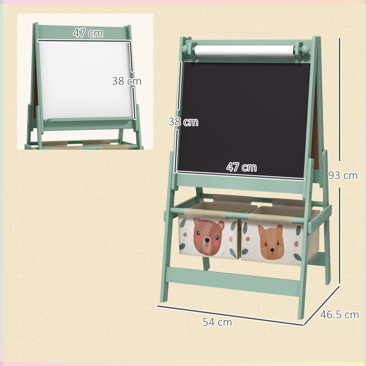 AIYAPLAY 3-in-1 Kids Easel with Paper Roll, Storage, Green