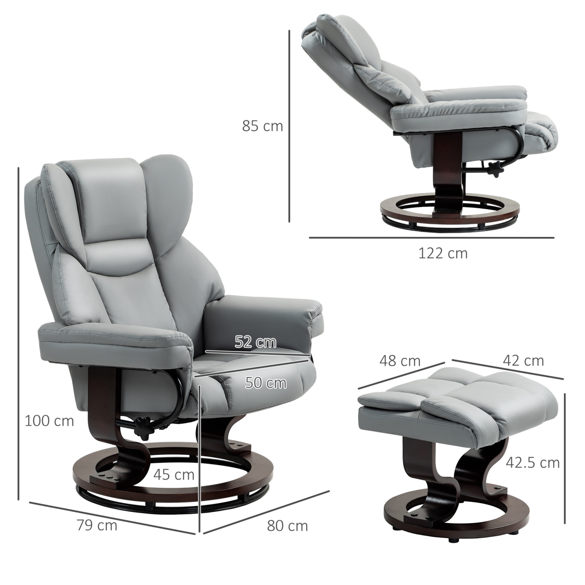 HOMCOM Manual Swivel Recliner Armchair with Footstool, Light Grey