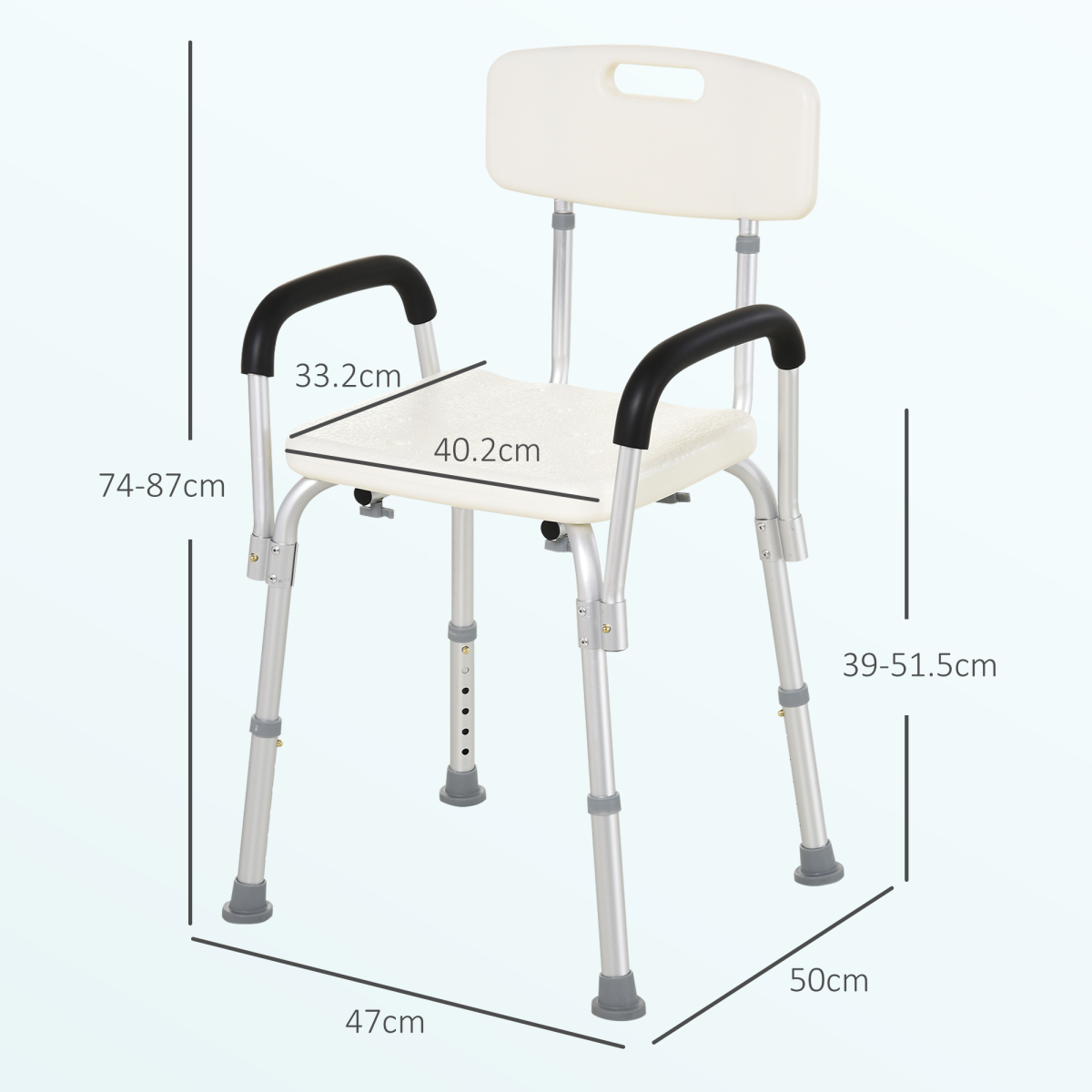 HOMCOM Height Adjustable Aluminum Shower Chair with Removable Back Support, Padded Armrests, Padded Handles, Non-Slip Tips, 135kg Capacity