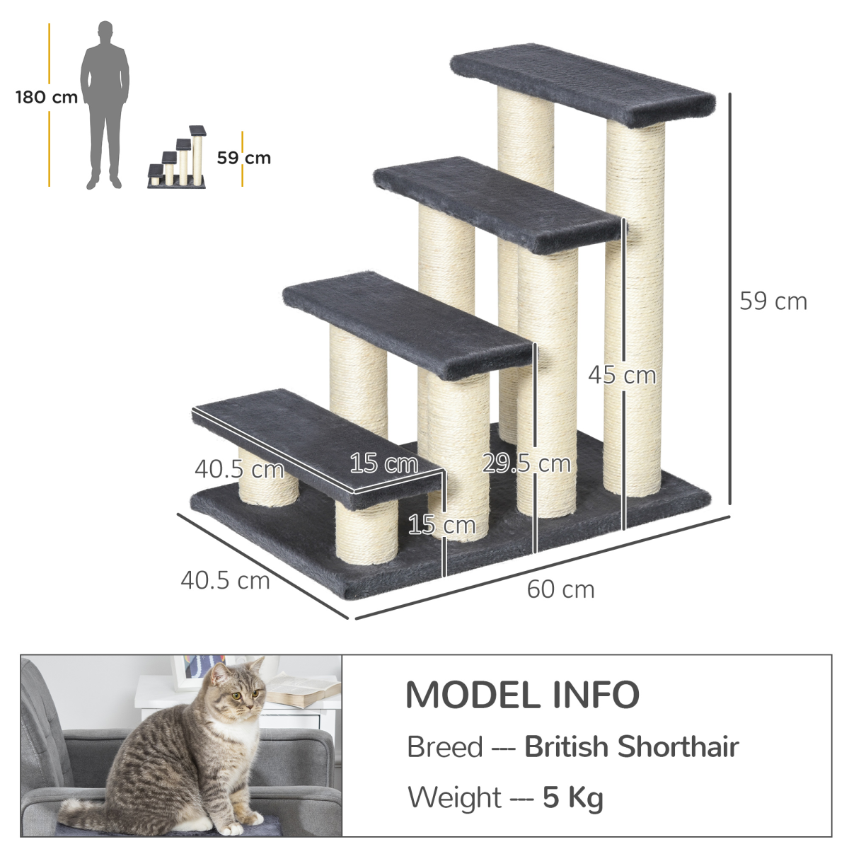 PawHut Plush Pet Stair Ladder for Cats and Dogs with Sisal Posts