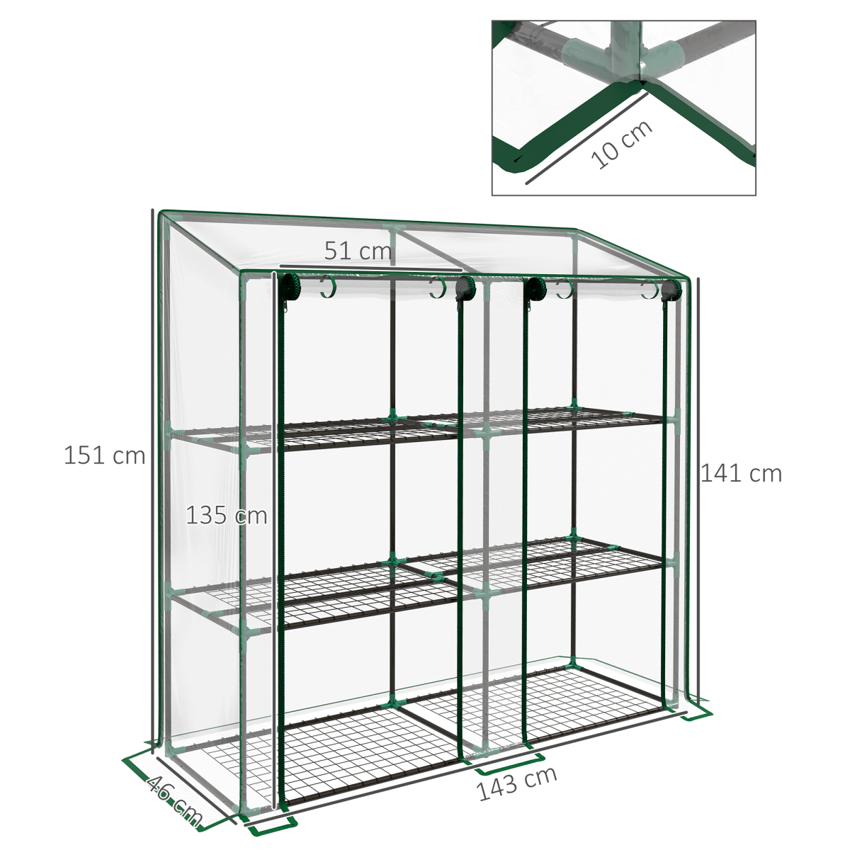 Outsunny Mini Lean-To Greenhouse with 3-Tier Shelves, Clear, 143L x 46W x 141/151Hcm