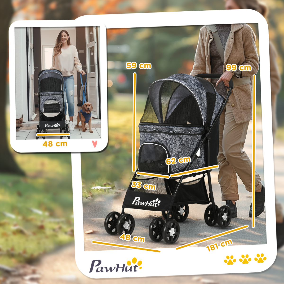 PawHut Foldable Dog Stroller with Large Carriage, Brakes, Grey