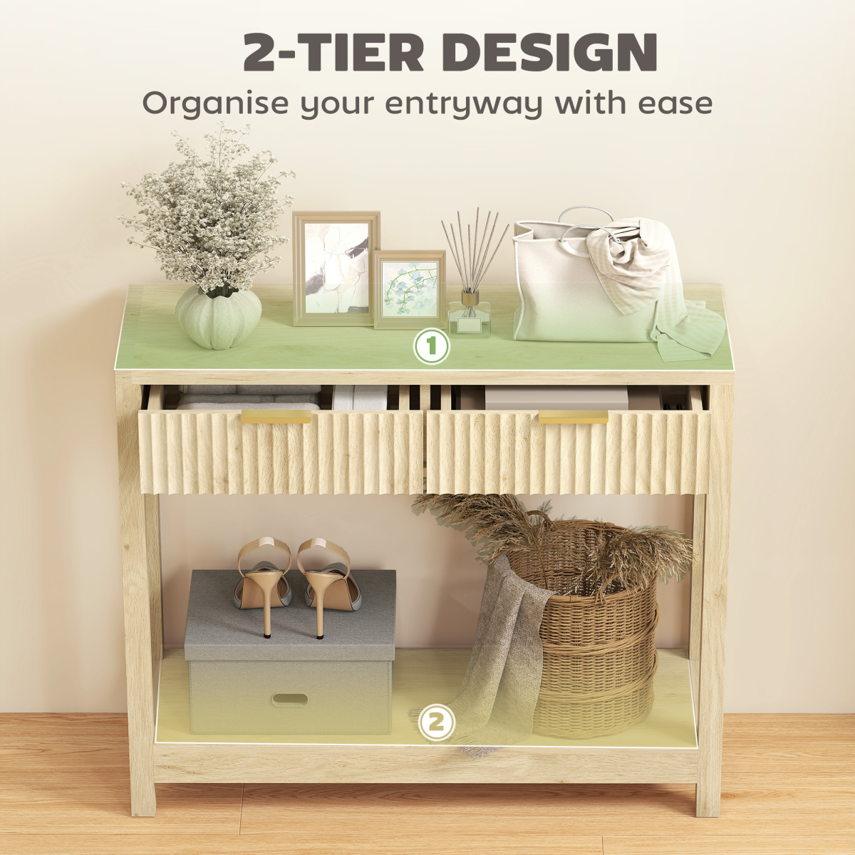 HOMCOM Modern Console Table with Fluted Drawers and Shelf