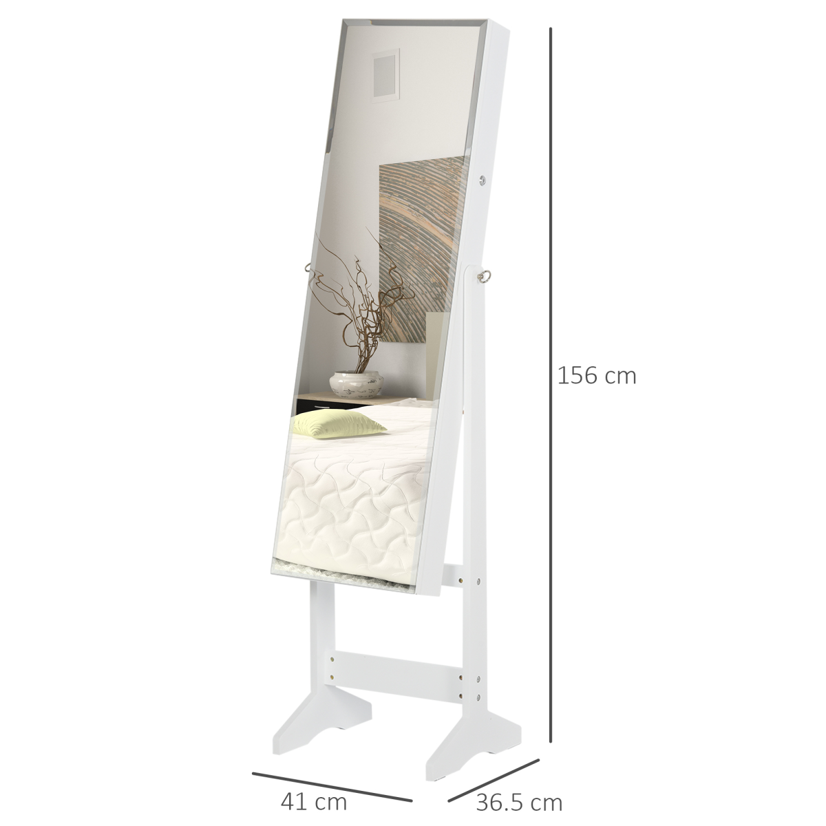 HOMCOM White Freestanding Full Length Mirror Jewellery Cabinet with Lock and Storage