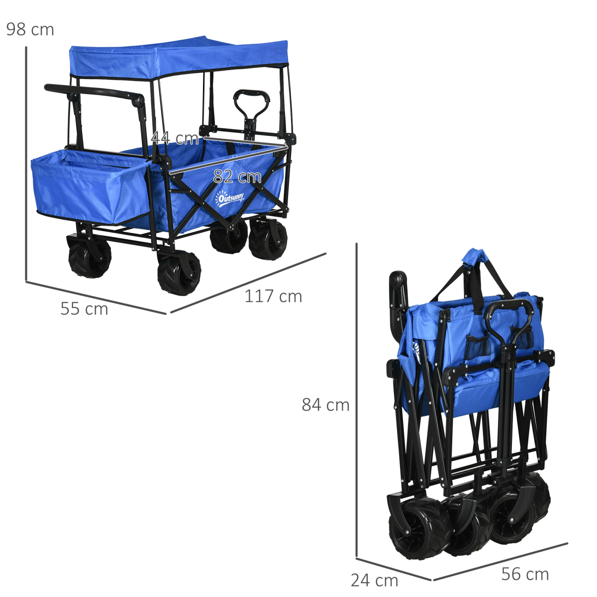 Outsunny Folding Trolley Cart Wagon, 4-Wheel, 2-Compartment, Blue