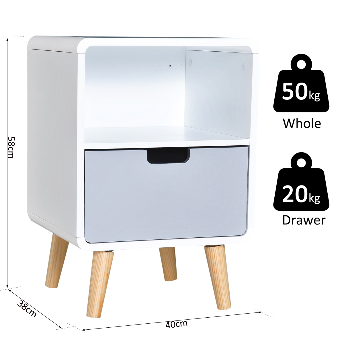 HOMCOM Scandinavian Nordic Style Bedside Table with Drawer and Open Shelf, End Table