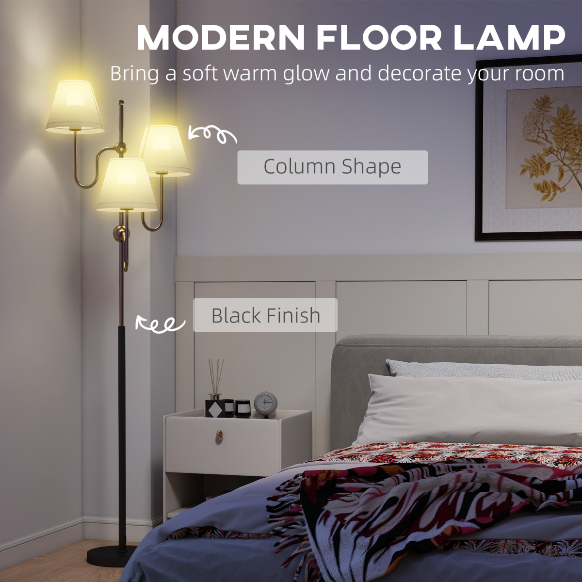 HOMCOM 3-Light Gold Metal Floor Lamp with Foot Switch, 165 cm