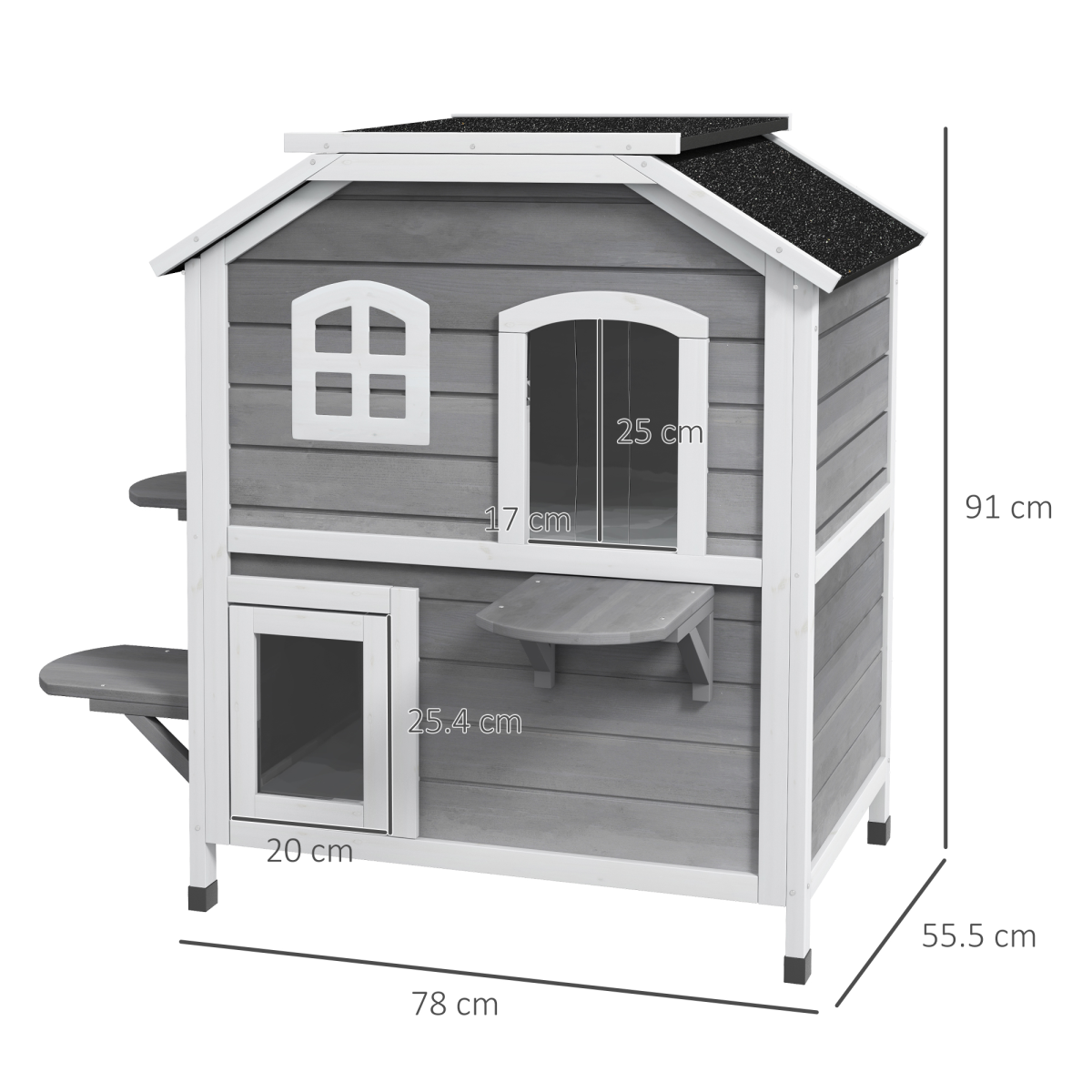 PawHut Large Fir Wood 2-Floor Cat Condo with Openable Roof, Outdoor/Indoor Catio, Grey
