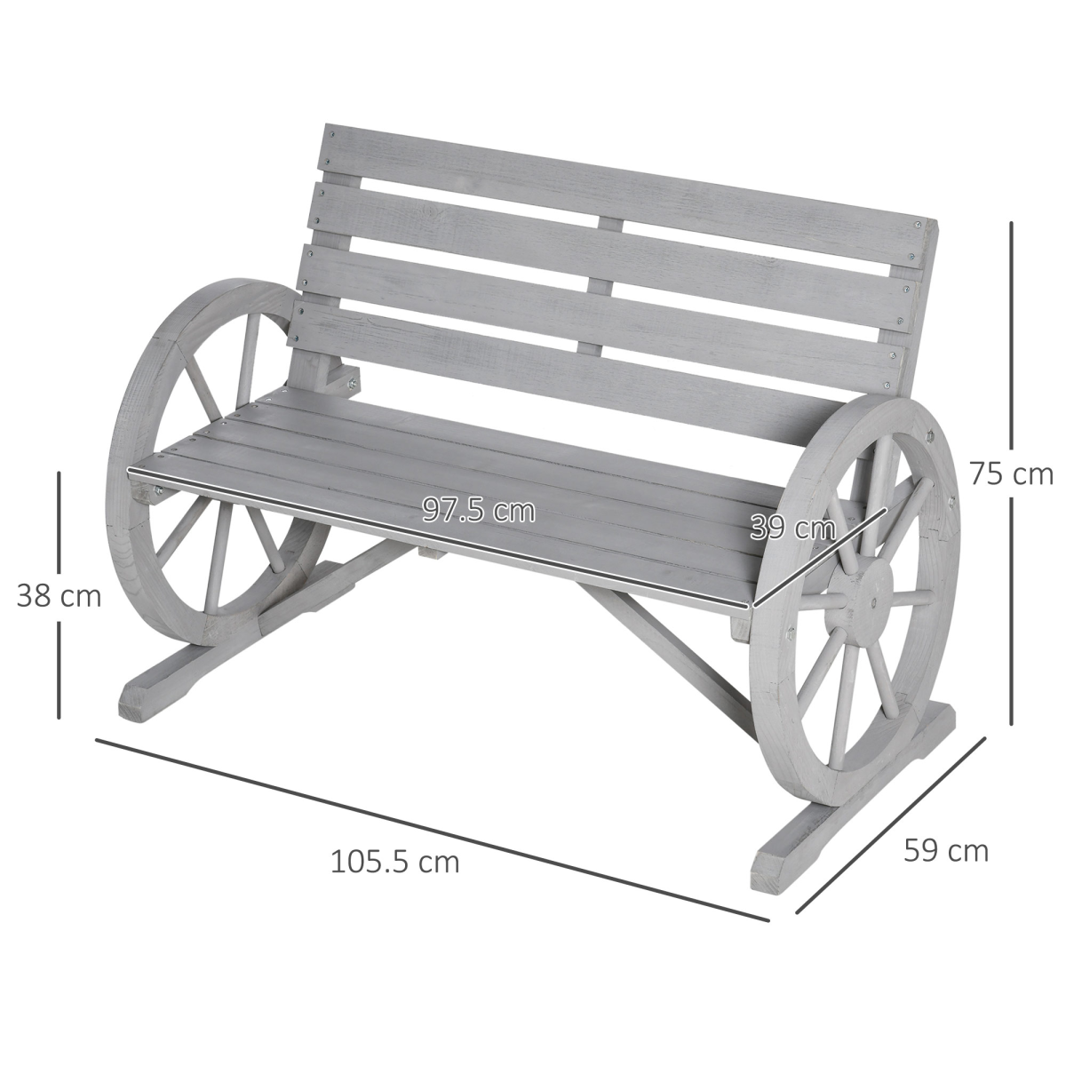 Outsunny 2-Seater Solid Fir Wood Garden Bench with Wagon Wheel Armrests, High Back, Grey