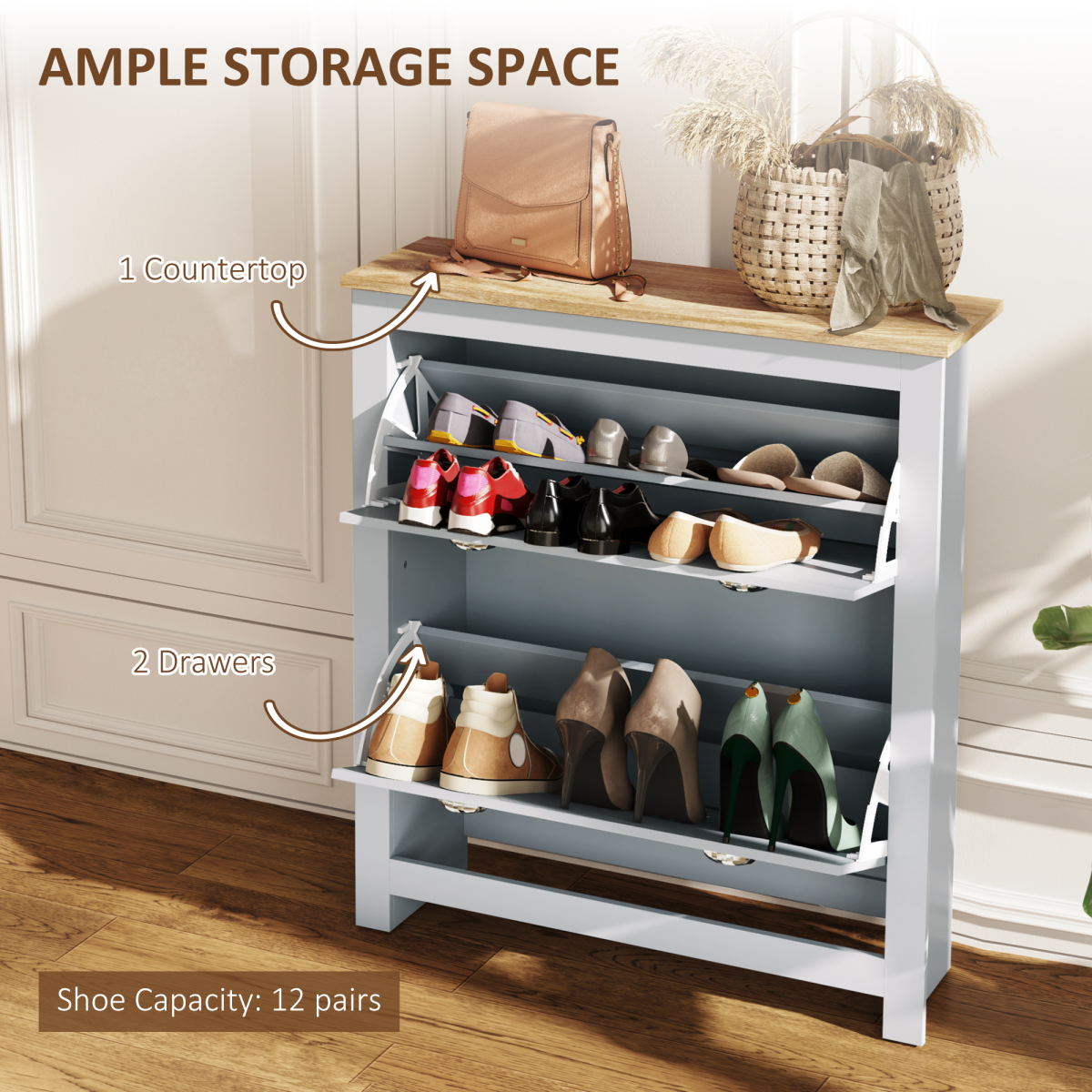 HOMCOM Slimline 2-Drawer Shoe Cabinet with Flip Doors, Grey