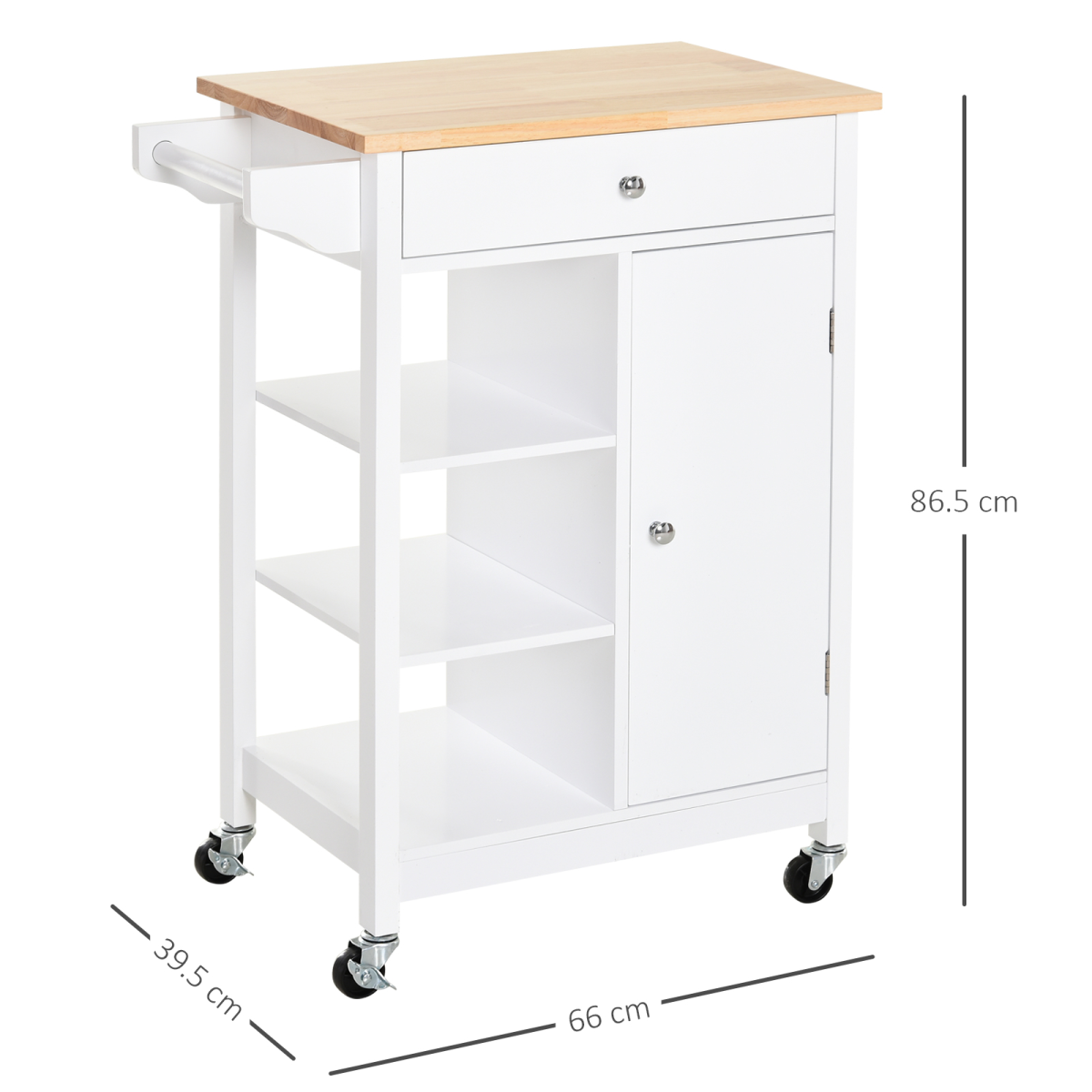 HOMCOM White MDF Kitchen Storage Trolley with Drawer, Open Shelves, Cabinet, Adjustable Shelf and Hanging Rail, Rolling Wheels