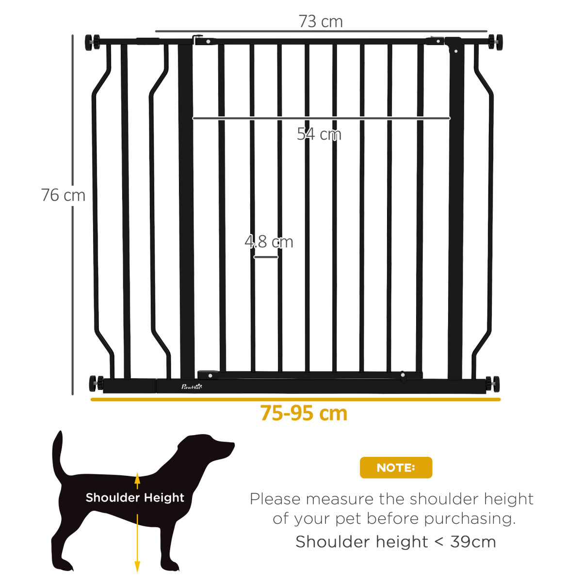 PawHut Adjustable Dog Gate with Door, Pressure Fit, 75-95 cm, Black
