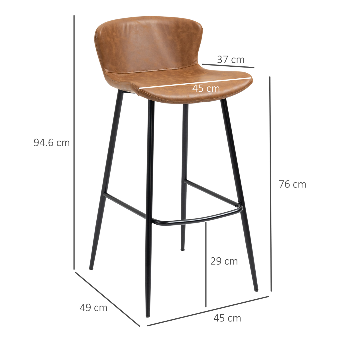 HOMCOM Set of 2 PU Leather Bar Stools with Backrest and Steel Legs