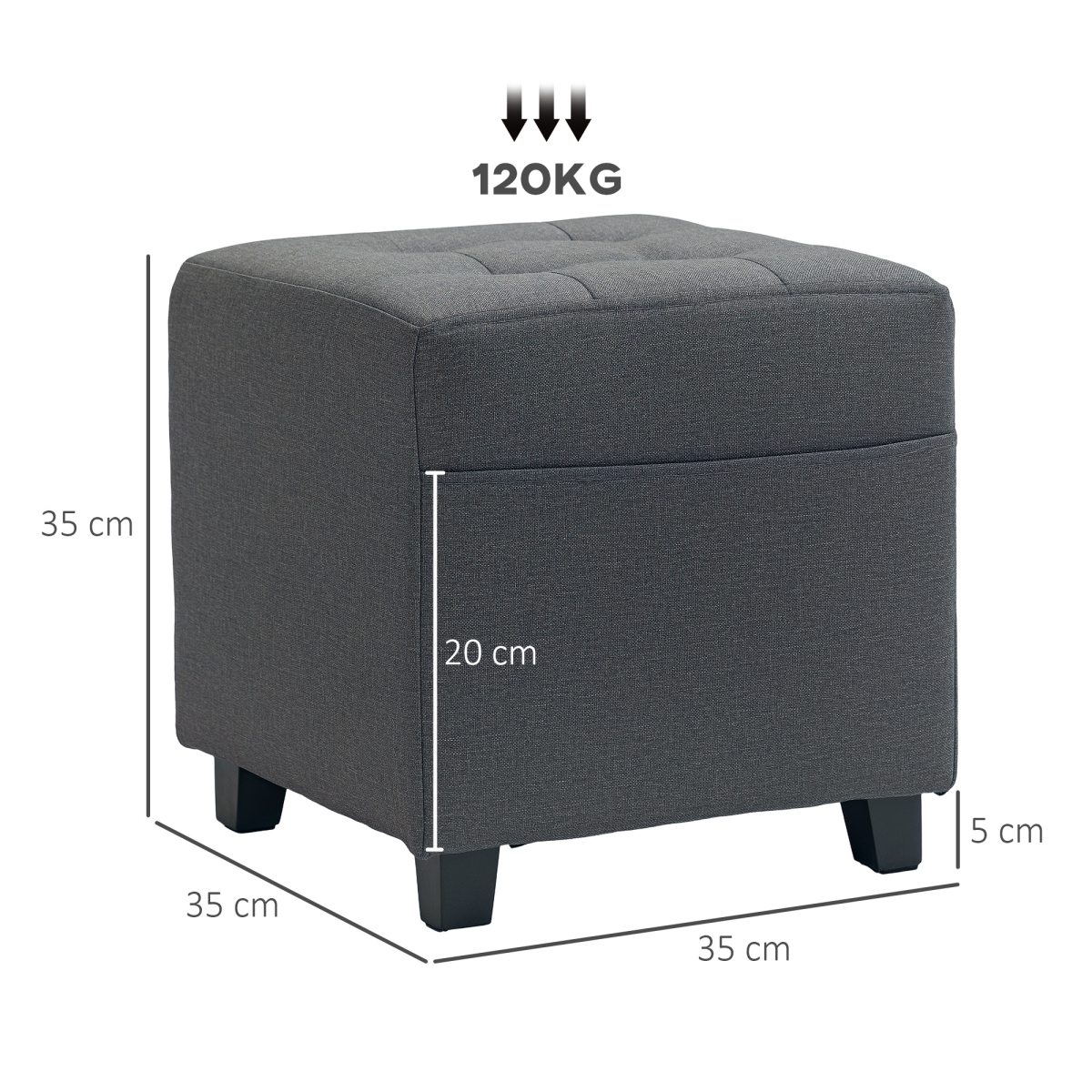 HOMCOM Square Padded Footstool Ottoman with Side Pocket, Grey
