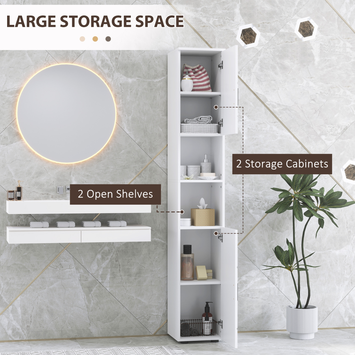 kleankin Tall Slim Bathroom Storage Cabinet with Soft Close, White
