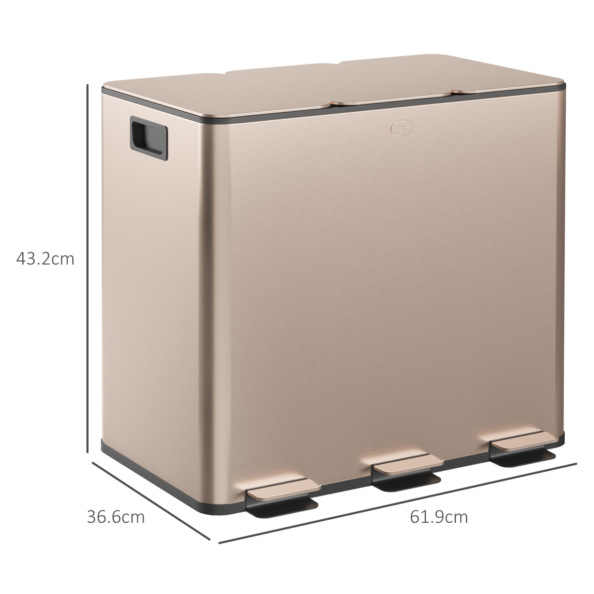 PawHut 3 x 15L Triple Kitchen Recycling Pedal Bin, Gold Tone