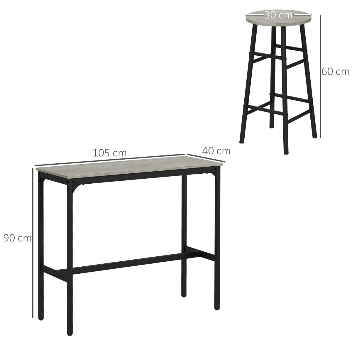 HOMCOM 3-Piece Industrial Bar Table and Stool Set, Grey