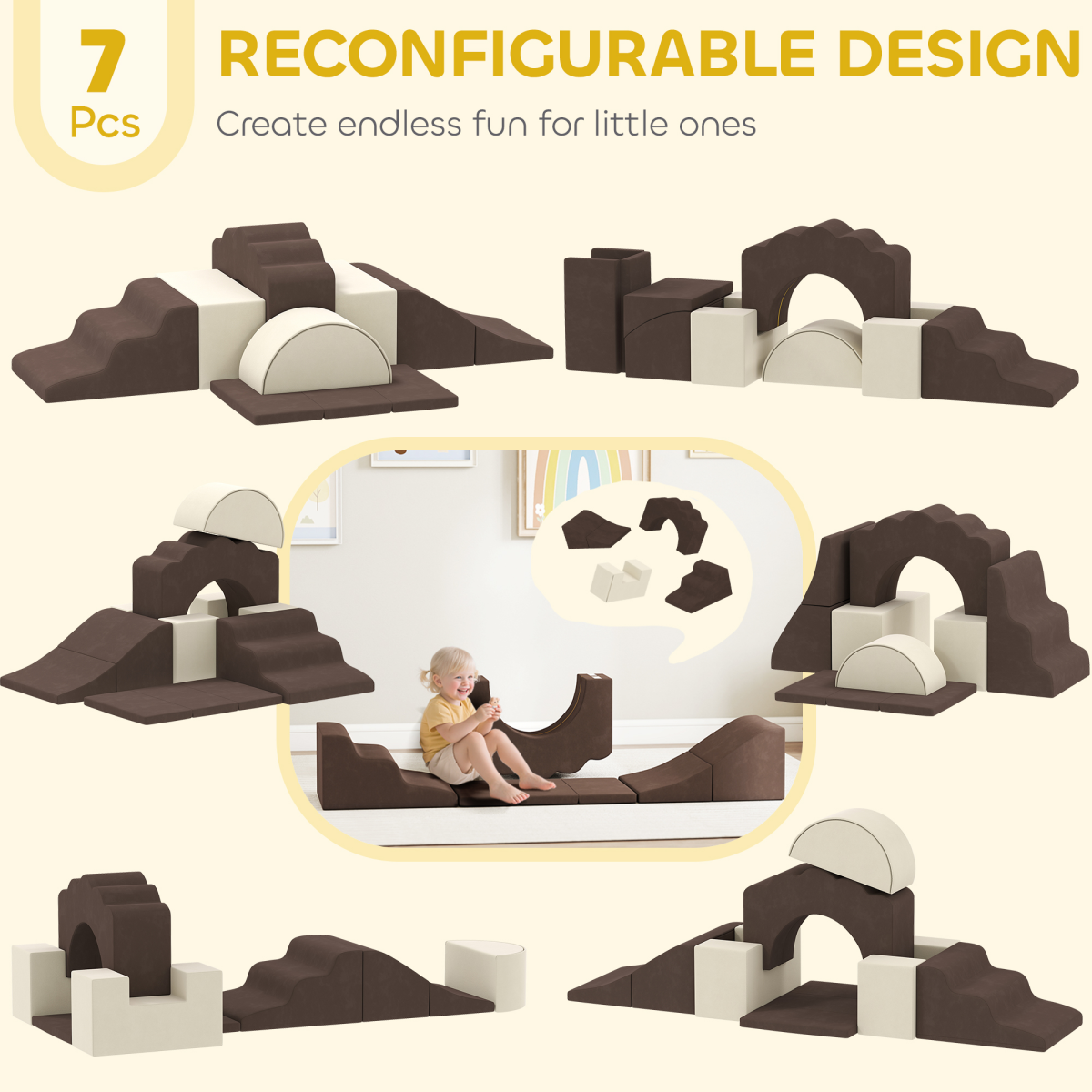 AIYAPLAY Kids Soft Play Set, 7-Piece Foam Climbing Blocks, Brown