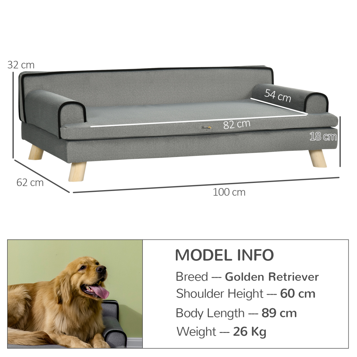 PawHut Pet Sofa for Large and Medium Dogs, Water-Resistant Fabric, Wooden Legs, Grey