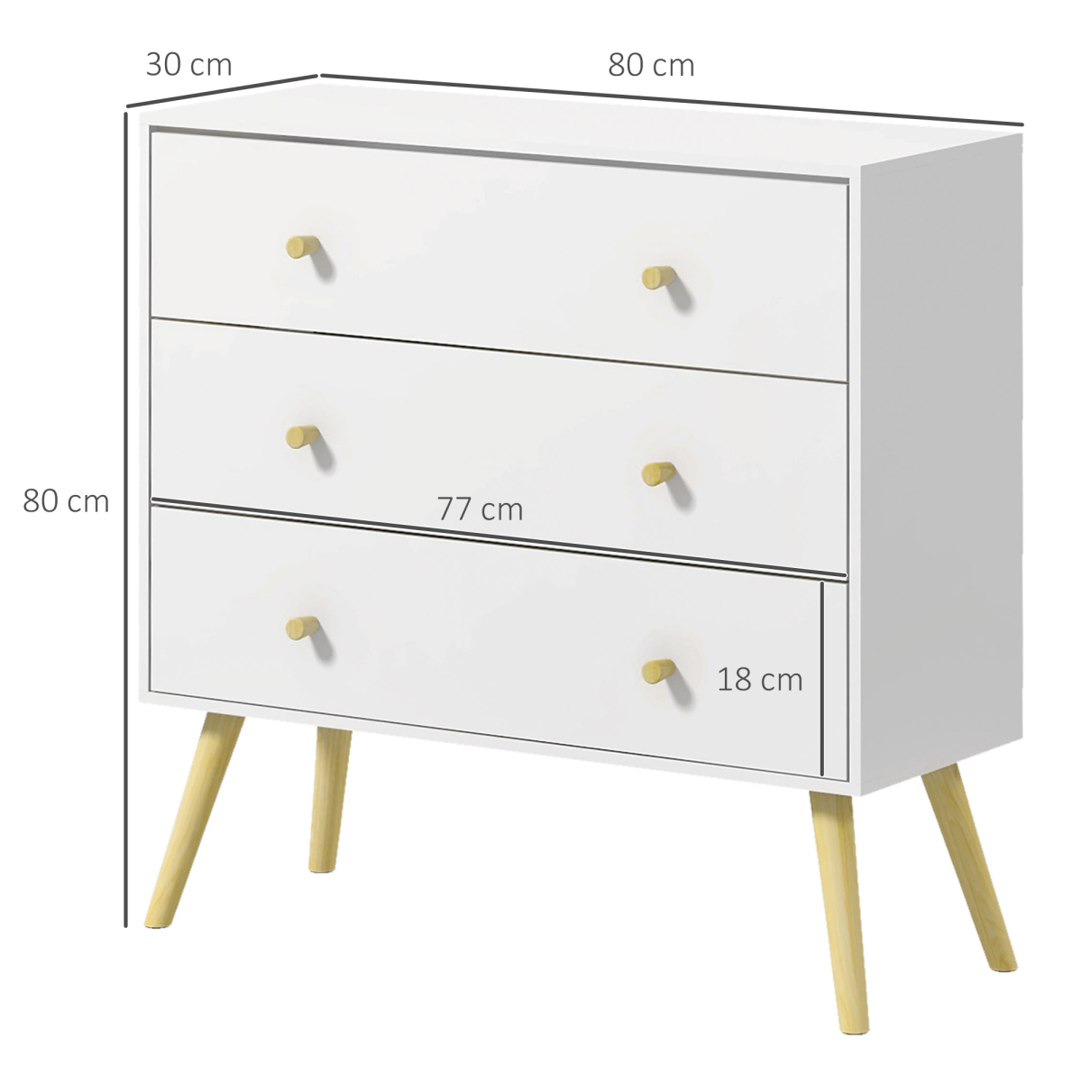 White 3-Drawer Chest of Drawers with Wood Legs