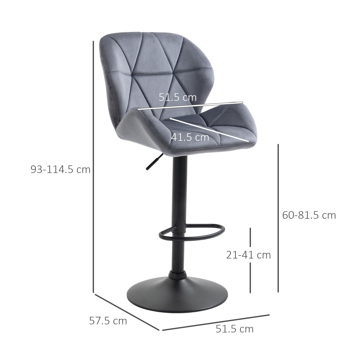 HOMCOM Set of 2 Adjustable Height Fabric Bar Stools Dark Grey