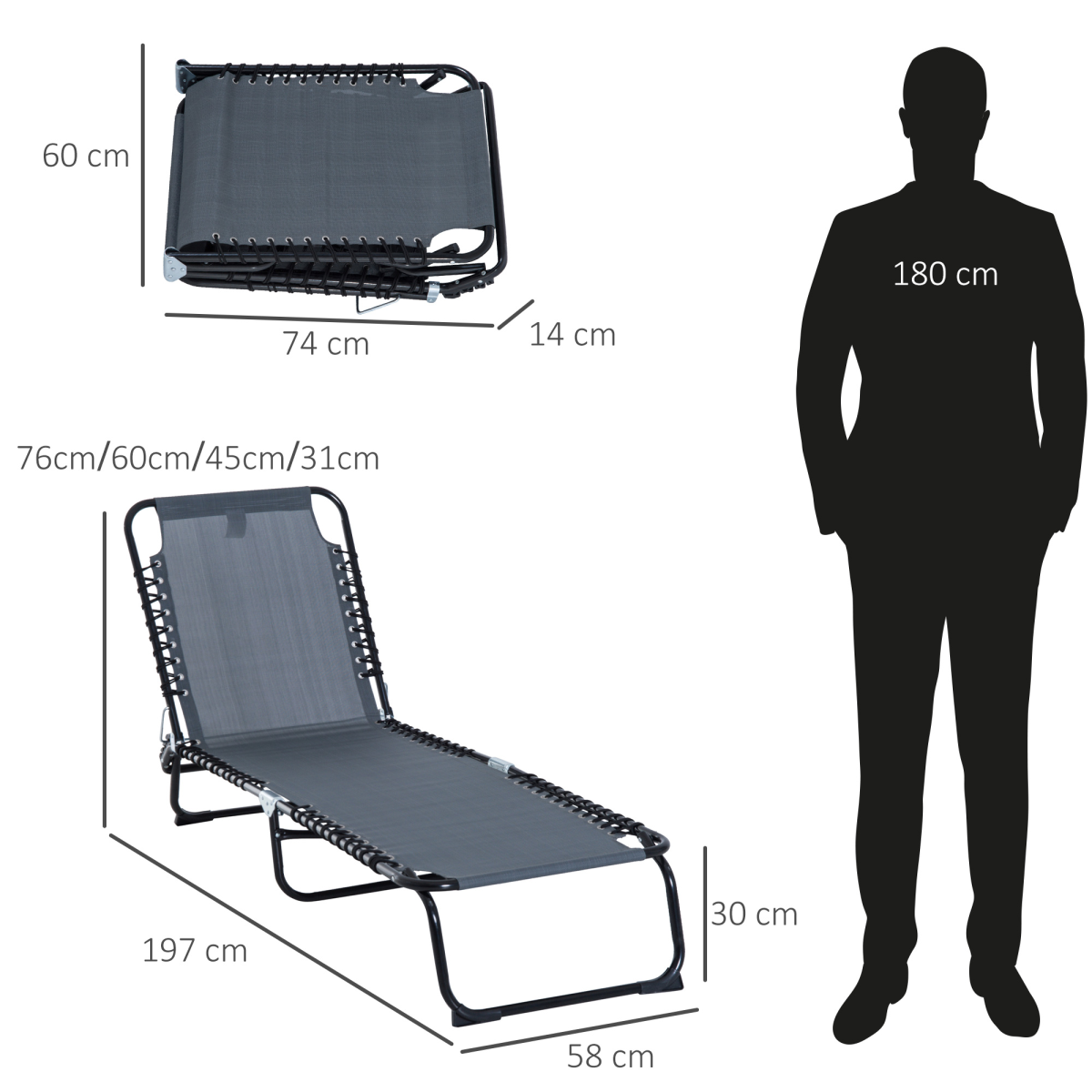 Foldable Outdoor Sun Lounger Chair with 4-Level Adjustable Backrest, Steel Frame, Texteline Seat, Outsunny