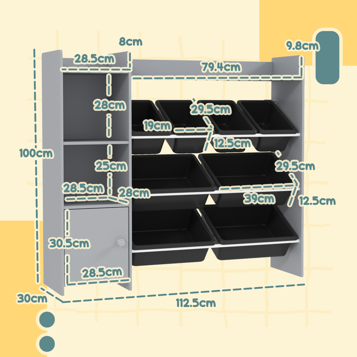 AIYAPLAY Toy Storage Unit with 8 Removable Bins, Shelves & Cabinet
