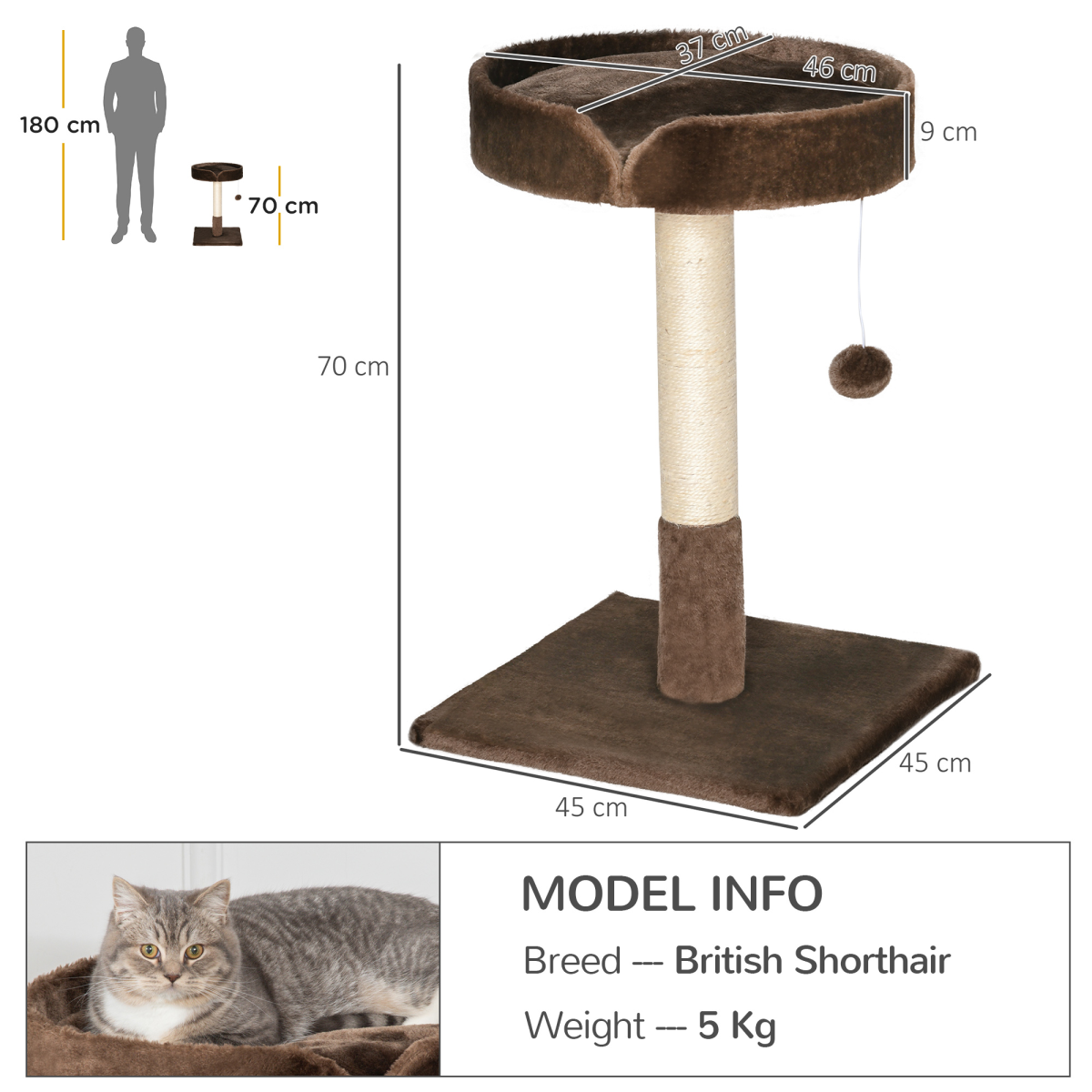 Small Indoor Cat Tree with Sisal Scratching Post, Bed & Toy