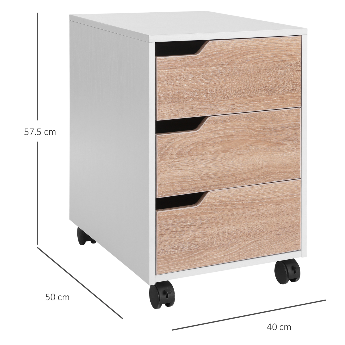 Homcom Mobile File Cabinet with 3 Drawers, Locking Casters, Metal Rails, Oak Tone White