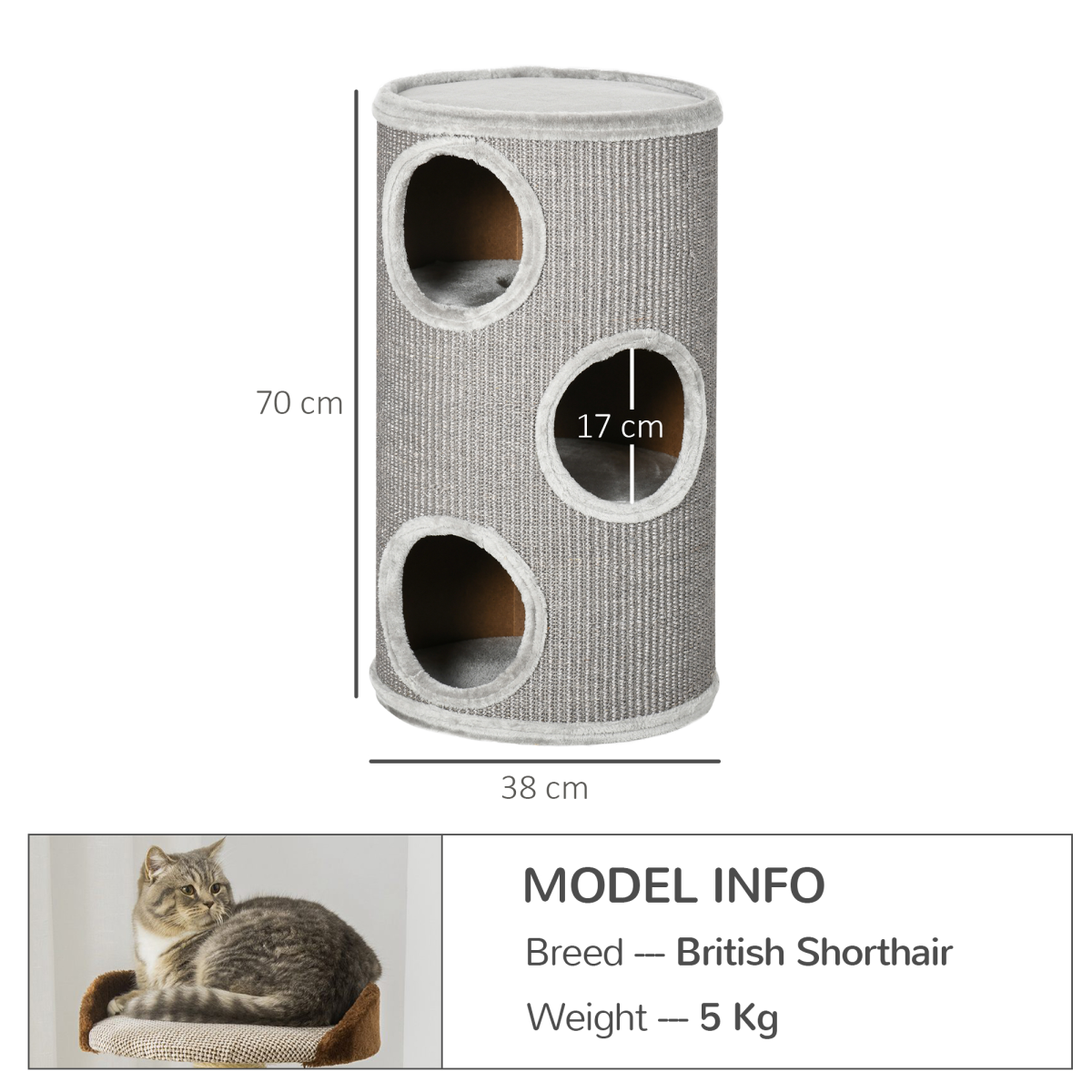 PawHut Light Grey Cat Barrel Tower with Sisal and Plush Platform