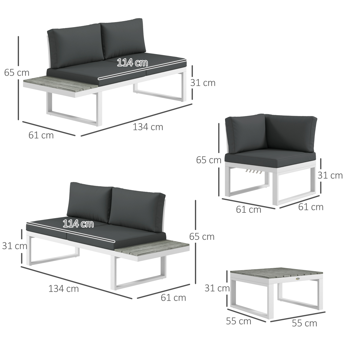 Outsunny 4 PCs Garden Set w/ 5-Level Recline Corner Conversation Sofa Set White