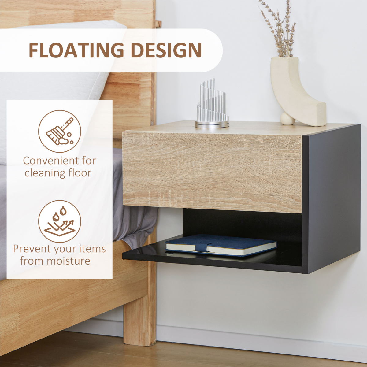 HOMCOM Set of 2 Modern Floating Bedside Tables with Drawer & Shelf