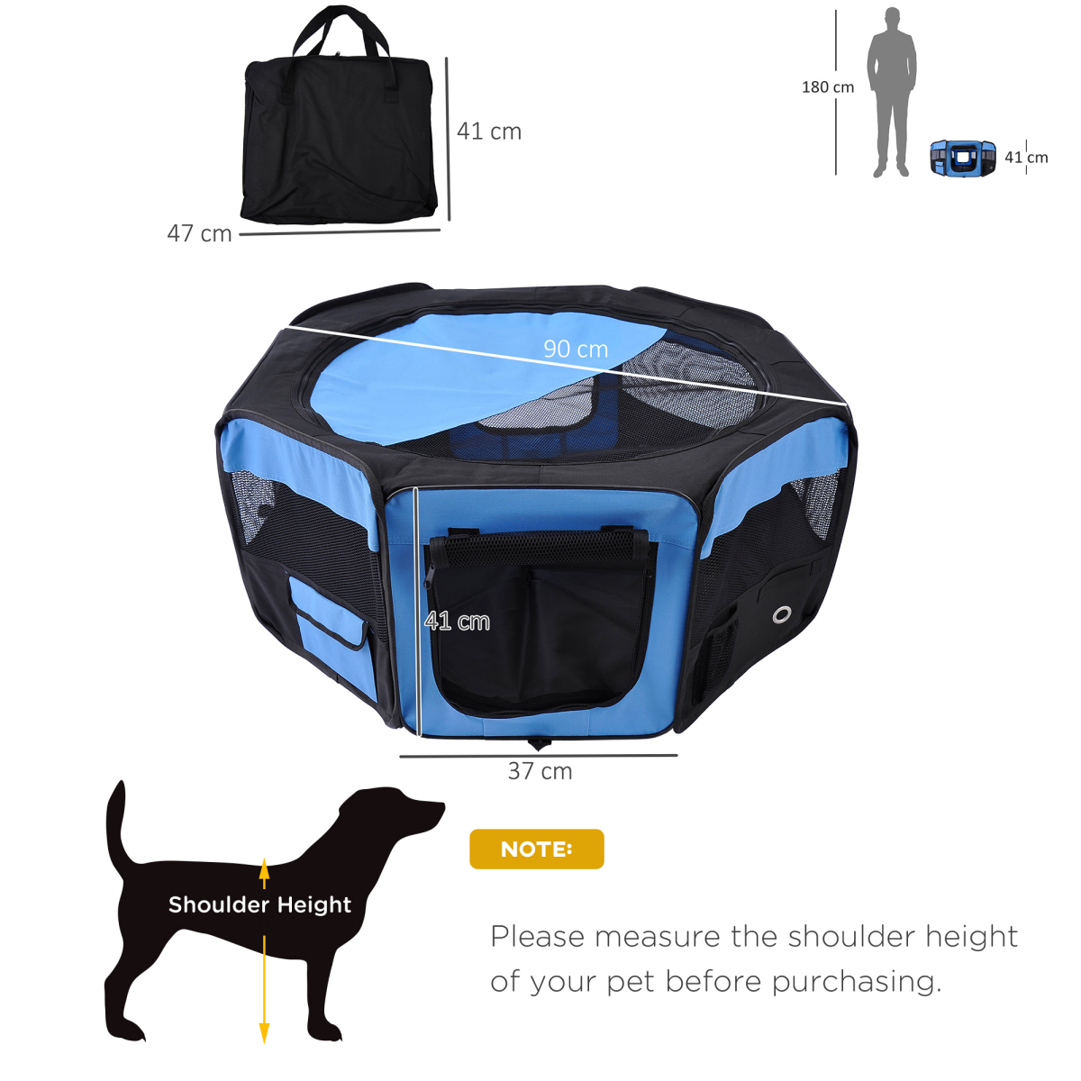 PawHut Fabric Pet Playpen with Steel Frame, Waterproof Removable Bottom, Mesh Sides and Top, Zipped Doors, Carry Bag