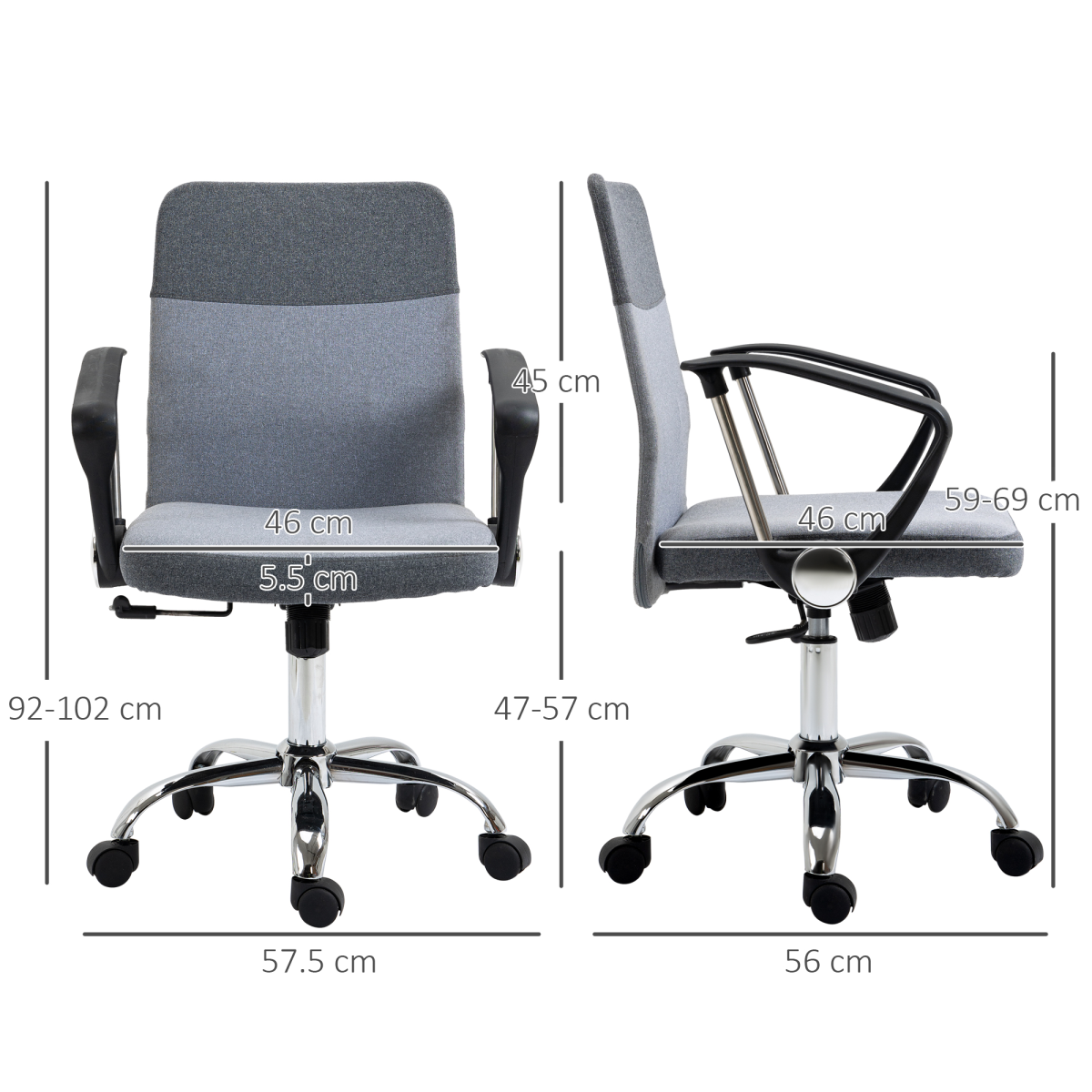 Grey Linen-Effect Swivel Office Chair with Wheels and Rocking Function
