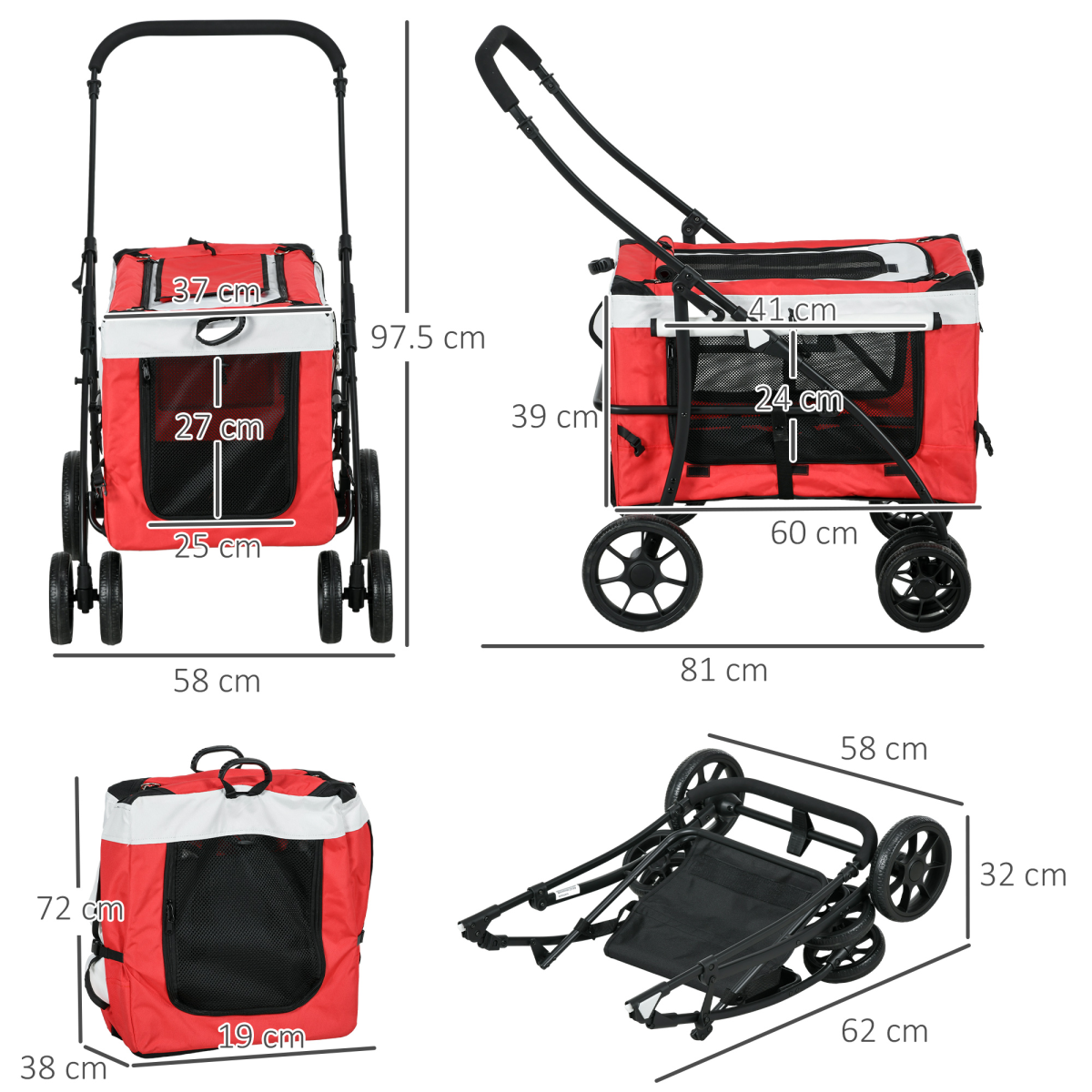 PawHut Foldable Pet Stroller with Detachable Carrier, Soft Padding, Red