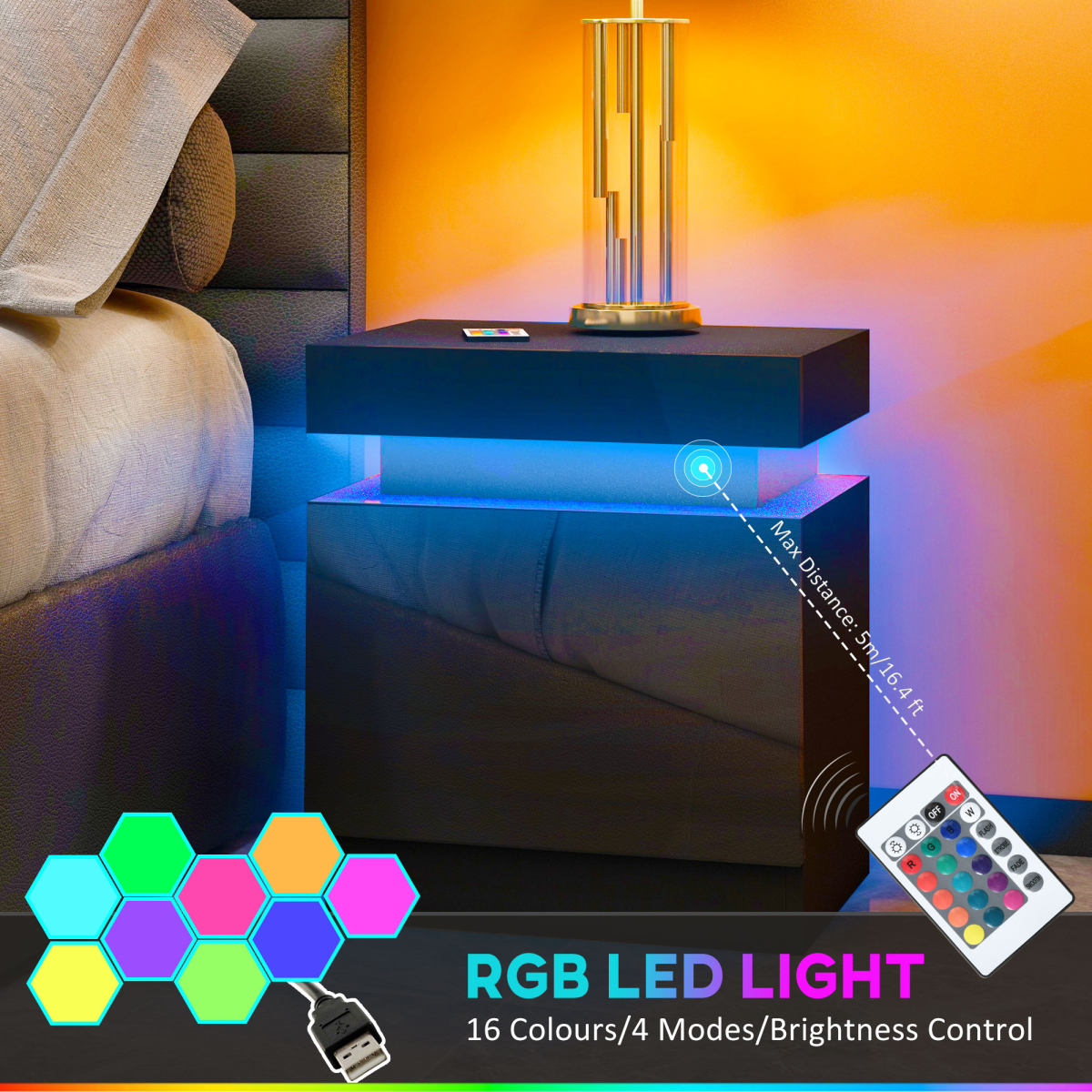 HOMCOM High Gloss LED Bedside Table with 2 Drawers, Black