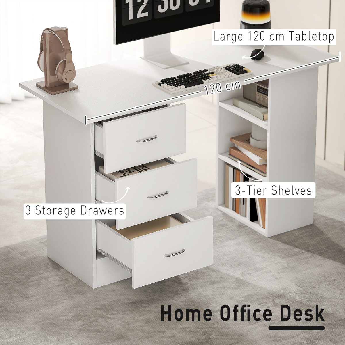 HOMCOM 120cm White Computer Desk with 3 Drawers & 3 Shelves