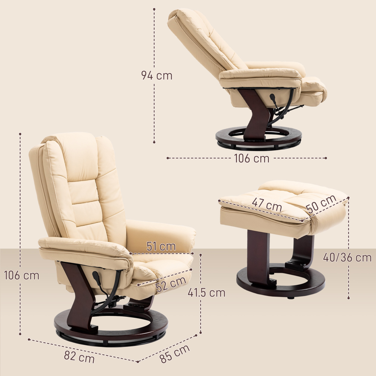 HOMCOM Beige PU Leather Swivel Manual Recliner Chair with Footrest