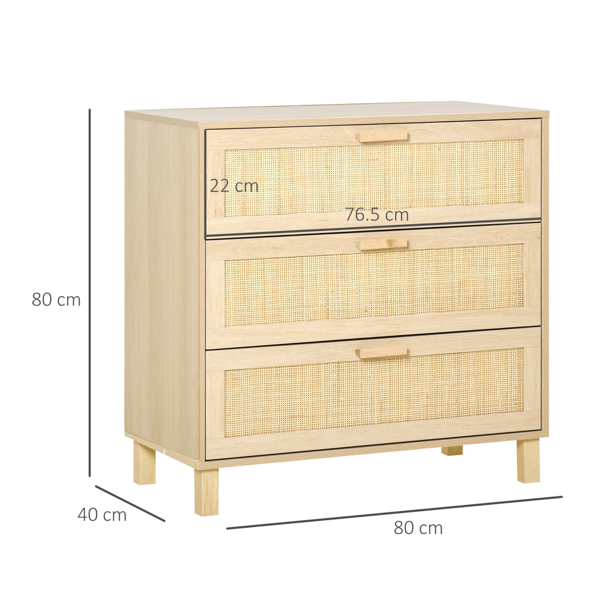3 Drawer Freestanding Wooden Storage Cabinet with Rattan Weave Panels, Bedroom Chest of Drawers, 80cm Wide