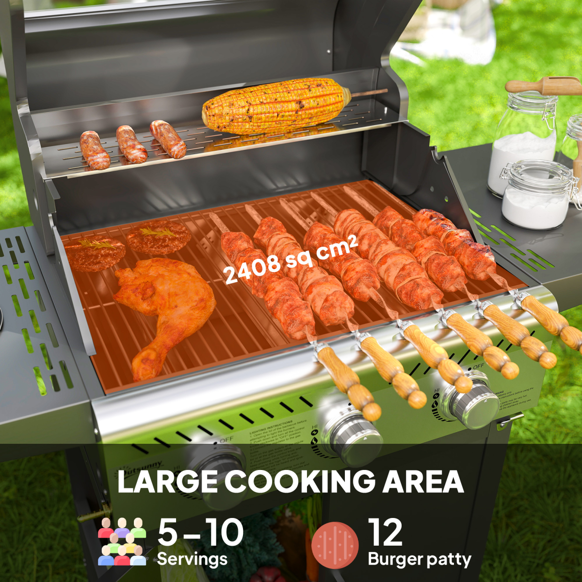 Outsunny 3-Burner Propane Gas BBQ Grill with See-Through Lid & Thermometer