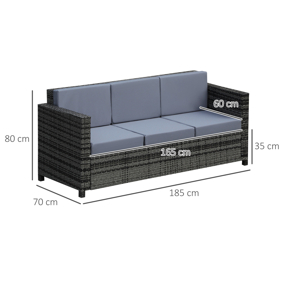 Outsunny 3-Seater Weather Resistant Grey Rattan Outdoor Garden Sofa with Cushions