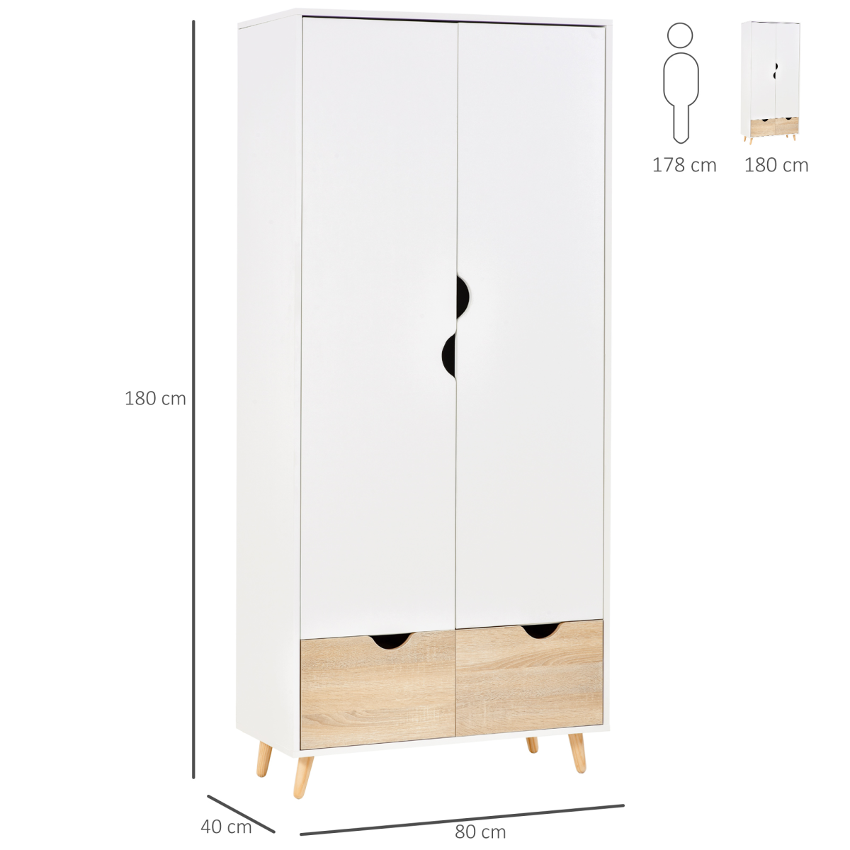 HOMCOM Particle Board Wardrobe with 2 Drawers, Metal Clothes Rod and Shelf