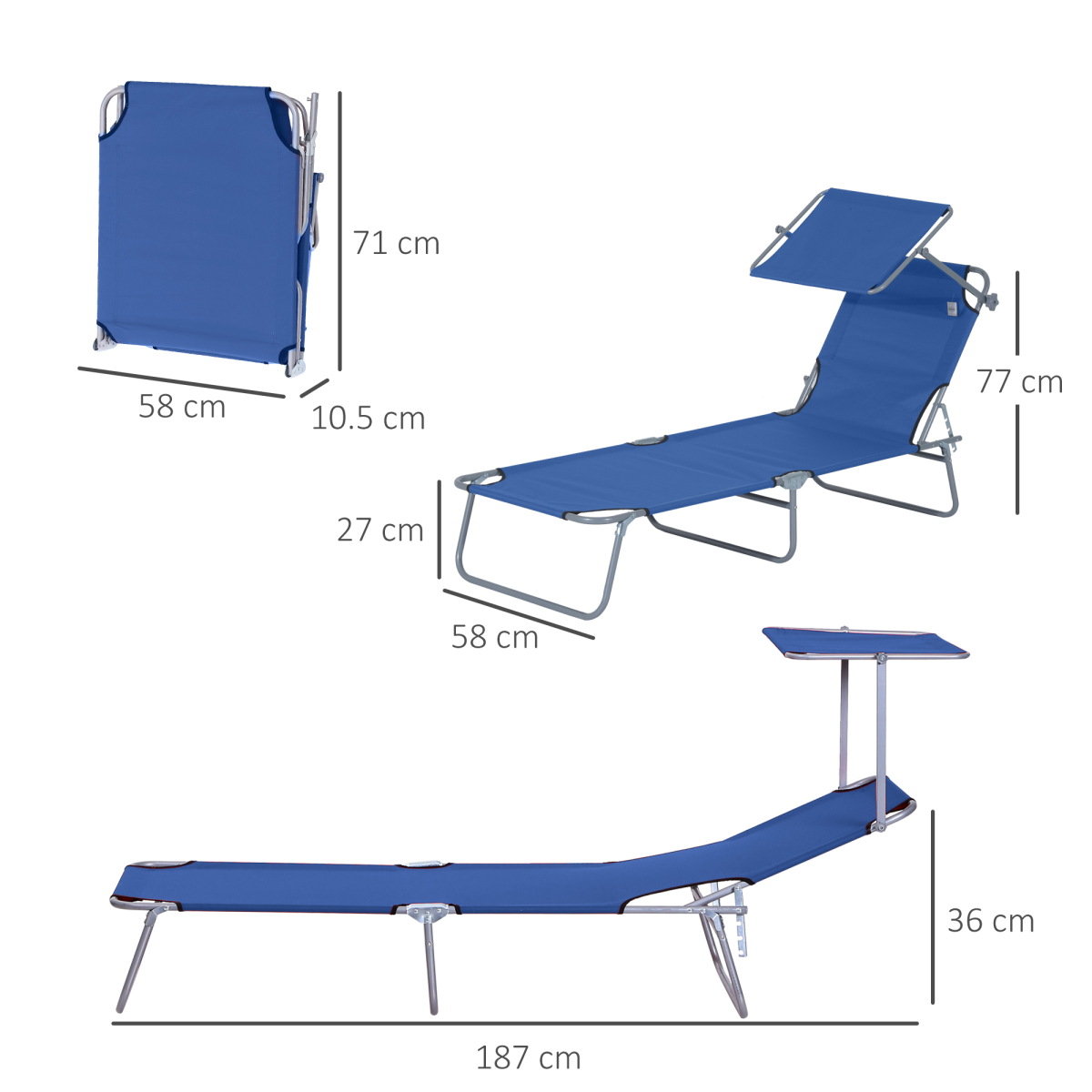 Outsunny Folding Reclining Beach Lounger Chair with Adjustable Back and Removable Sun Visor, Blue