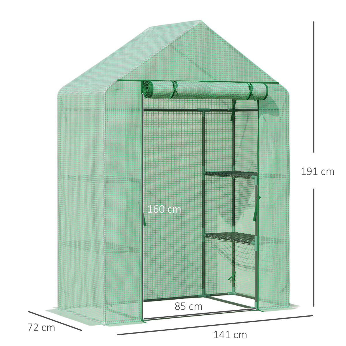 Outsunny Walk-In Greenhouse with 2-Tier Shelves, Roll-Up Zipper Door, PE Cover, 141 x 72 x 191 cm, Green